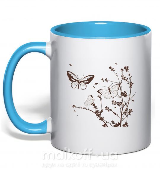 Чашка с цветной ручкой Бабочки в Ветвях Голубой фото