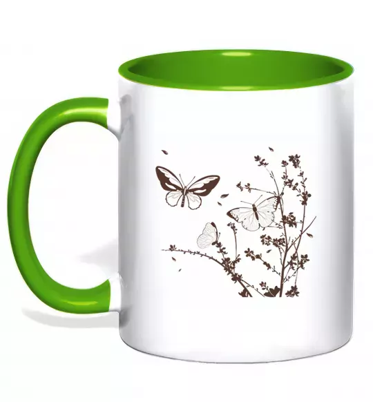 Чашка з кольоровою ручкою Метелики на гілках Зелений фото