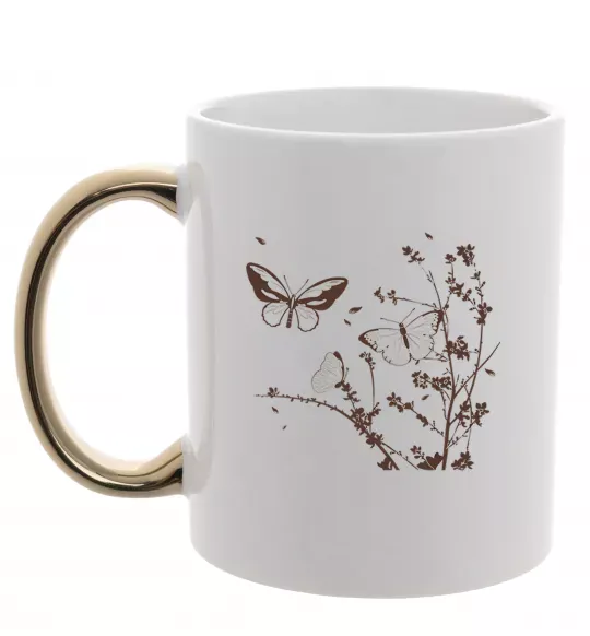 Чашка з кольоровою ручкою Метелики на гілках Золото фото