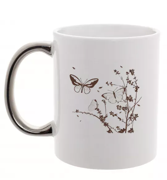 Чашка з кольоровою ручкою Метелики на гілках Срібло фото