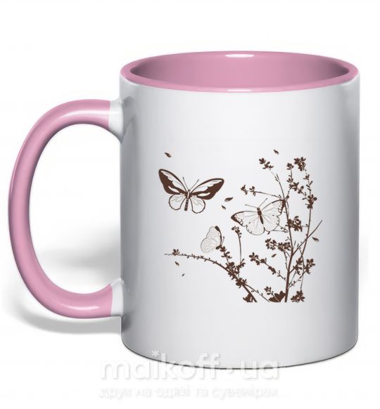 Чашка с цветной ручкой Бабочки в Ветвях Нежно розовый фото