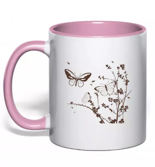 Чашка з кольоровою ручкою Метелики на гілках Ніжно рожевий фото