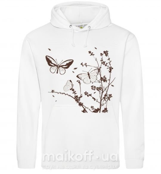 Женская толстовка (худи) Бабочки в Ветвях Белый фото