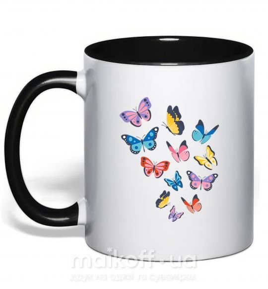 Чашка с цветной ручкой Разные бабочки Черный фото