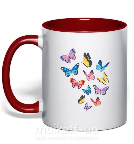 Чашка с цветной ручкой Разные бабочки Красный фото