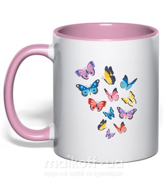 Чашка с цветной ручкой Разные бабочки Нежно розовый фото