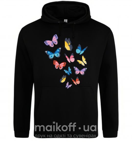 Женская толстовка (худи) Разные бабочки Черный фото