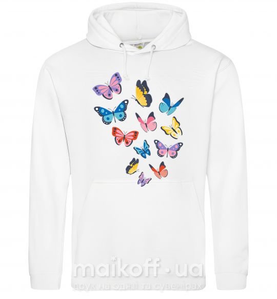 Женская толстовка (худи) Разные бабочки Белый фото