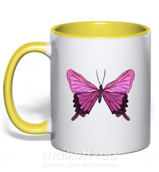 Чашка з кольоровою ручкою Фиолетовая бабочка Сонячно жовтий фото