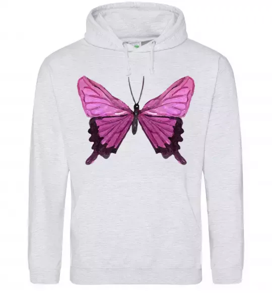 Мужская толстовка (худи) Фіолетово-рожевий метелик Серый меланж фото