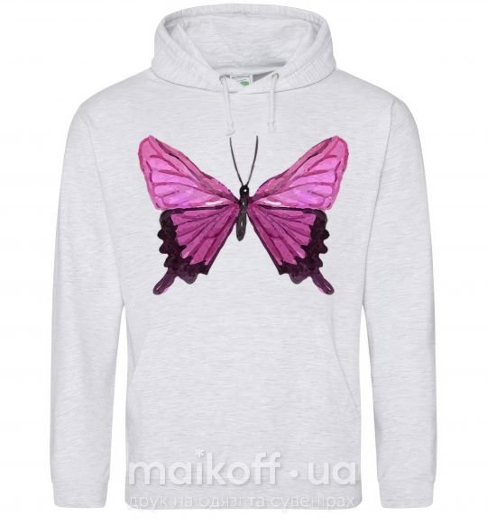 Женская толстовка (худи) Фиолетовая бабочка Серый меланж фото