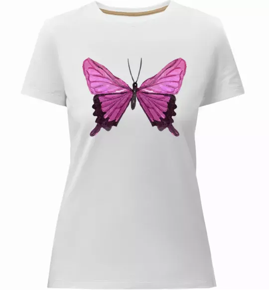Женская премиум футболка Фіолетово-рожевий метелик Белый фото
