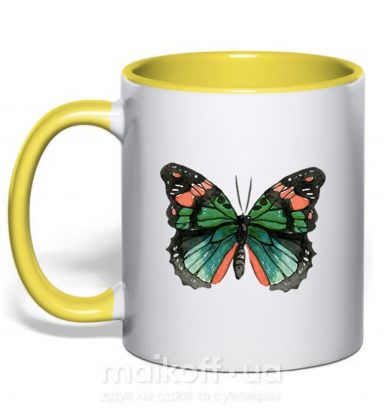 Чашка з кольоровою ручкою Оранжево-зеленая бабочка Сонячно жовтий фото