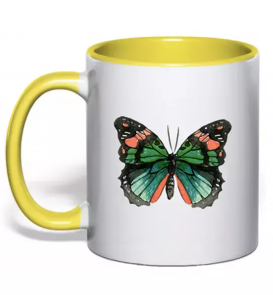 Чашка с цветной ручкой Помаранчево-зелений метелик Солнечно желтый фото