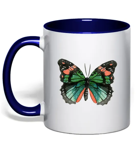 Чашка с цветной ручкой Помаранчево-зелений метелик Глубокий темно-синий фото