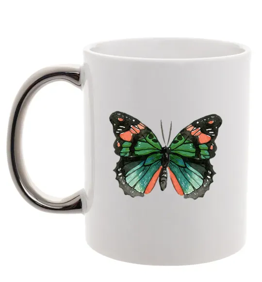 Чашка с цветной ручкой Помаранчево-зелений метелик Серебро фото