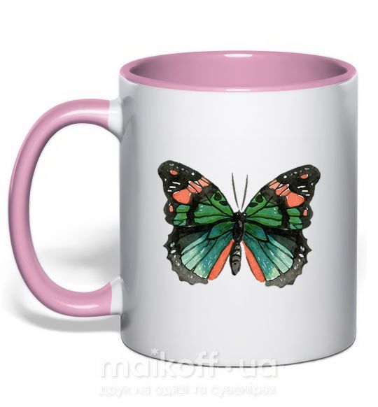 Чашка с цветной ручкой Оранжево-зеленая бабочка Нежно розовый фото