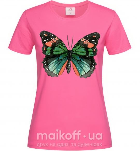 Жіноча футболка Оранжево-зеленая бабочка Яскраво-рожевий фото