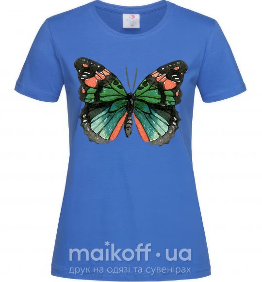 Жіноча футболка Оранжево-зеленая бабочка Яскраво-синій фото