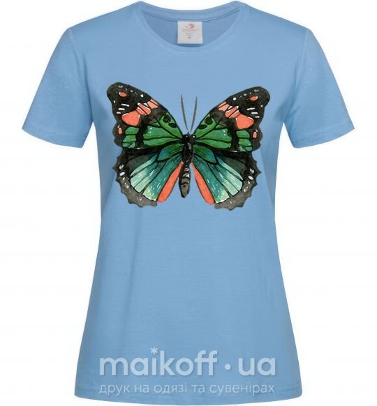 Жіноча футболка Оранжево-зеленая бабочка Блакитний фото