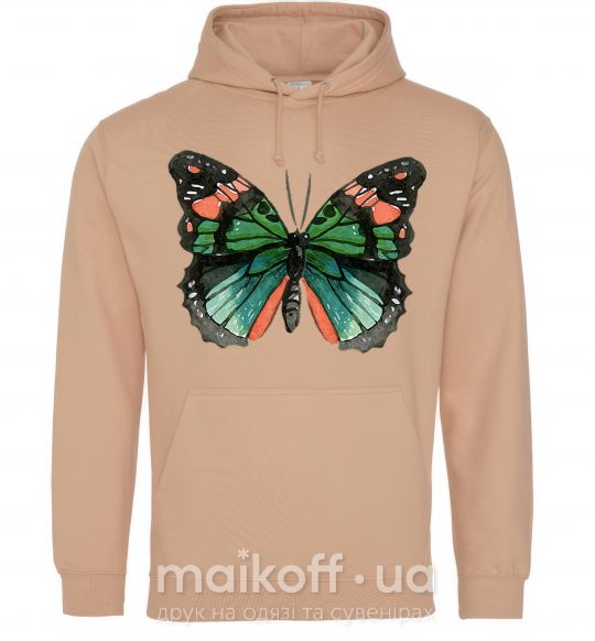 Женская толстовка (худи) Оранжево-зеленая бабочка Песочный фото