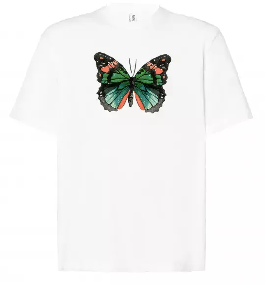 Футболка Оверсайз Помаранчево-зелений метелик Білий фото