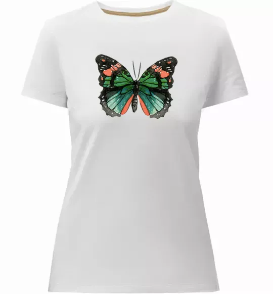Женская премиум футболка Помаранчево-зелений метелик Белый фото