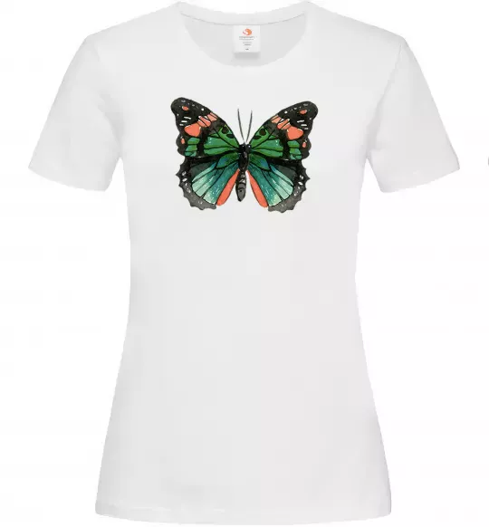 Женская футболка Помаранчево-зелений метелик Белый фото