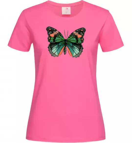 Женская футболка Помаранчево-зелений метелик Ярко-розовый фото