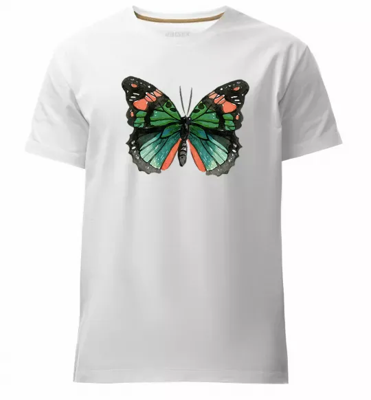 Мужская премиум футболка Помаранчево-зелений метелик Белый фото