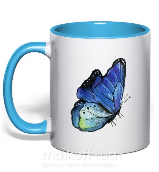 Чашка з кольоровою ручкою Blue butterfly Блакитний фото