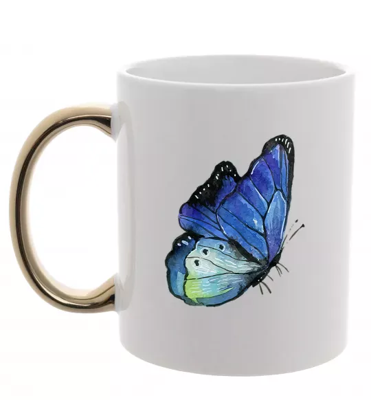 Чашка с цветной ручкой Blue butterfly Золото фото