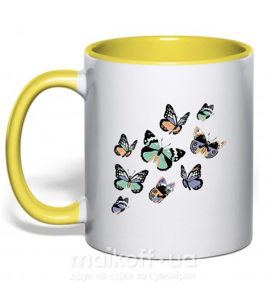 Чашка з кольоровою ручкою Рисунок бабочек Сонячно жовтий фото