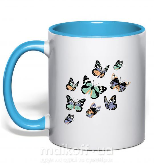 Чашка з кольоровою ручкою Рисунок бабочек Блакитний фото
