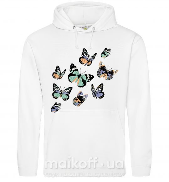 Женская толстовка (худи) Рисунок бабочек Белый фото