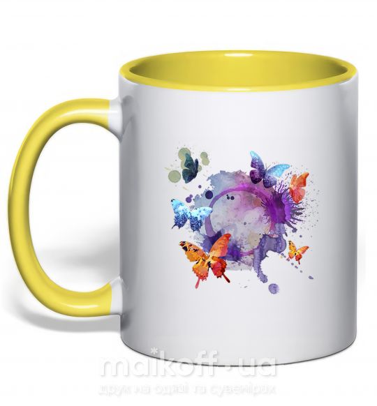 Чашка с цветной ручкой Акварельные бабочки Солнечно желтый фото