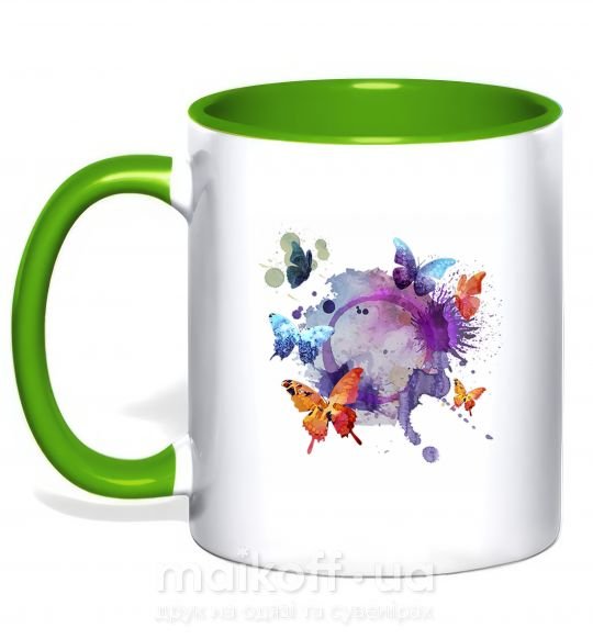 Чашка з кольоровою ручкою Акварельные бабочки Зелений фото