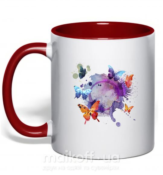 Чашка з кольоровою ручкою Акварельные бабочки Червоний фото