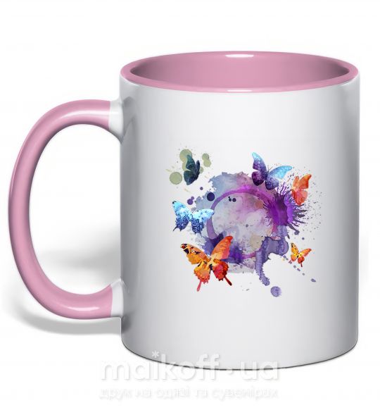 Чашка з кольоровою ручкою Акварельные бабочки Ніжно рожевий фото