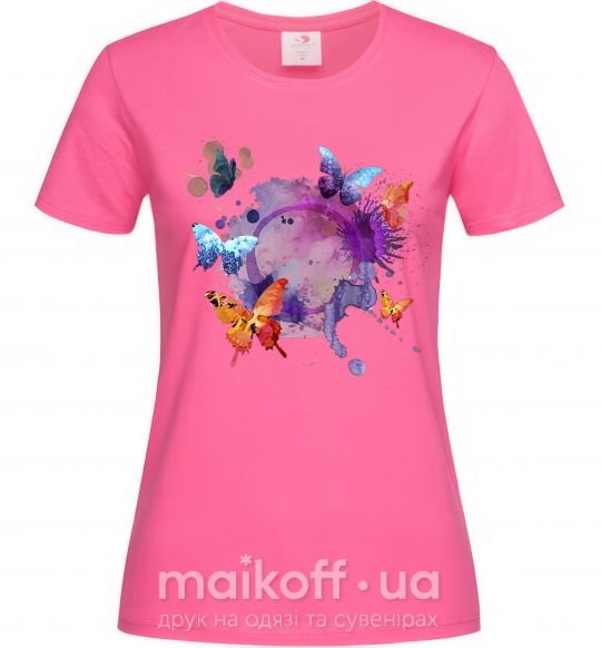 Жіноча футболка Акварельные бабочки Яскраво-рожевий фото