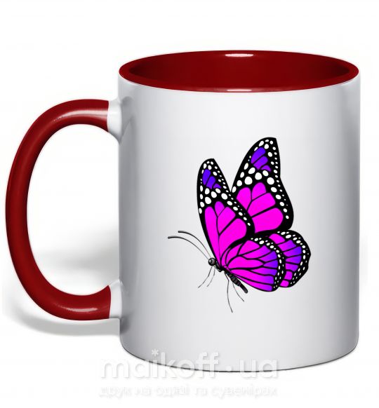 Чашка с цветной ручкой Ярко розовая бабочка Красный фото