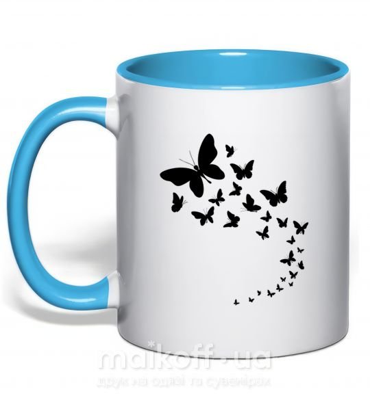 Чашка з кольоровою ручкою Бабочки в полете Блакитний фото