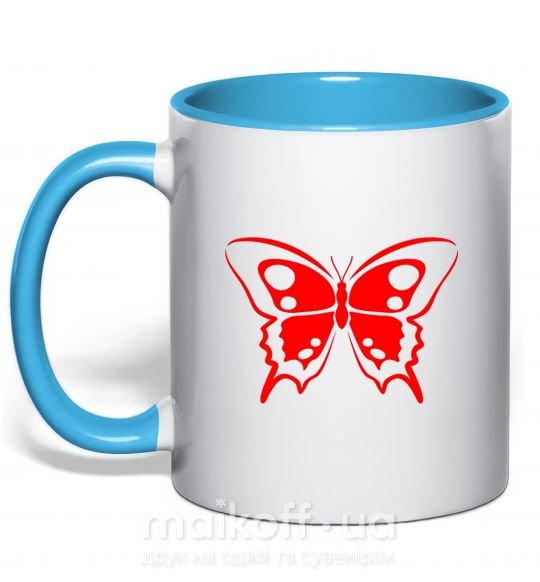 Чашка с цветной ручкой Красная бабочка Голубой фото