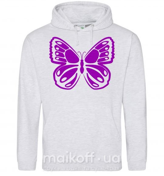 Мужская толстовка (худи) Фиолетовая бабочка одноцвет Серый меланж фото