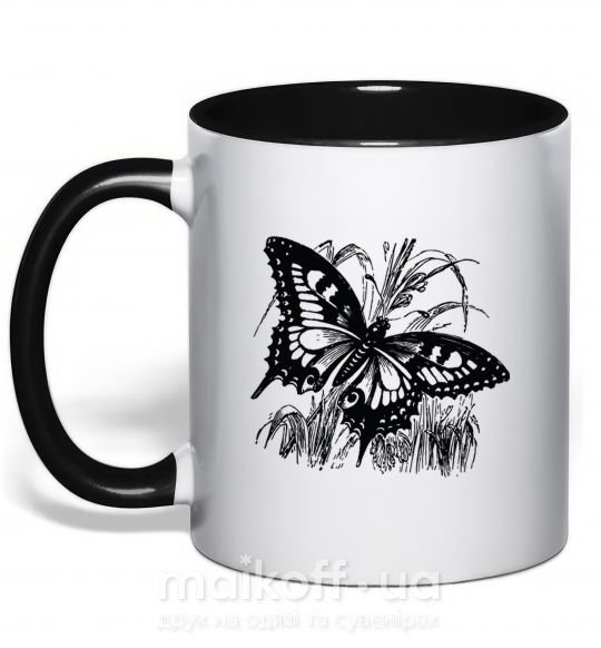 Чашка с цветной ручкой Butterfly in plants Черный фото