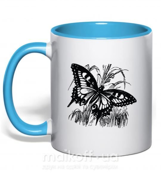 Чашка з кольоровою ручкою Butterfly in plants Блакитний фото