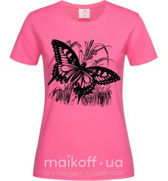 Жіноча футболка Butterfly in plants Яскраво-рожевий фото