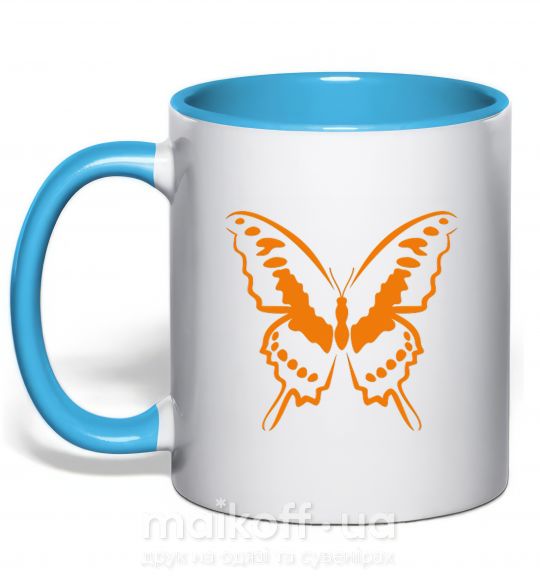 Чашка з кольоровою ручкою Оранжевая бабочка одноцвет Блакитний фото