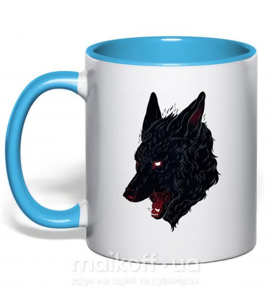 Чашка з кольоровою ручкою Black red wolf Блакитний фото