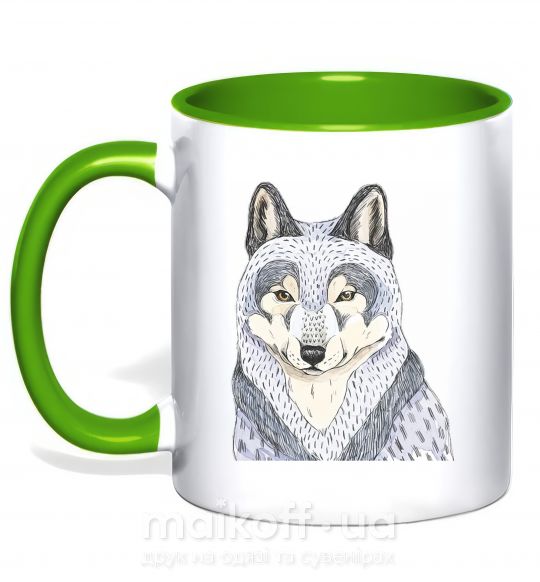 Чашка с цветной ручкой Wolf illustration Зеленый фото